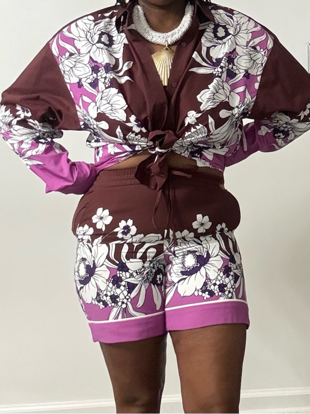 Express Floral Print Shorts in Brown and Purple